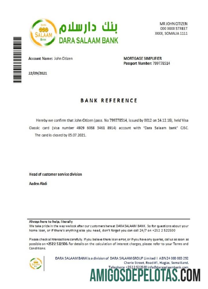 Referência de fechamento do banco Dara Salaam na Somália exemplo